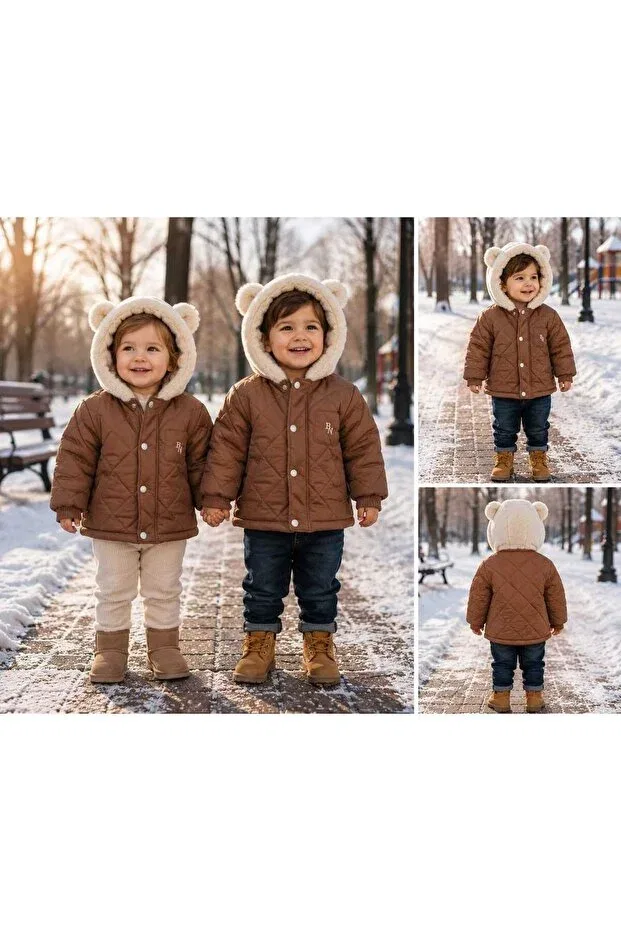 Детский зимнее пуховик с капюшоном Unisex hooded baby inflatable coat with ear detail Pamloli Kids, Brown — фото 2