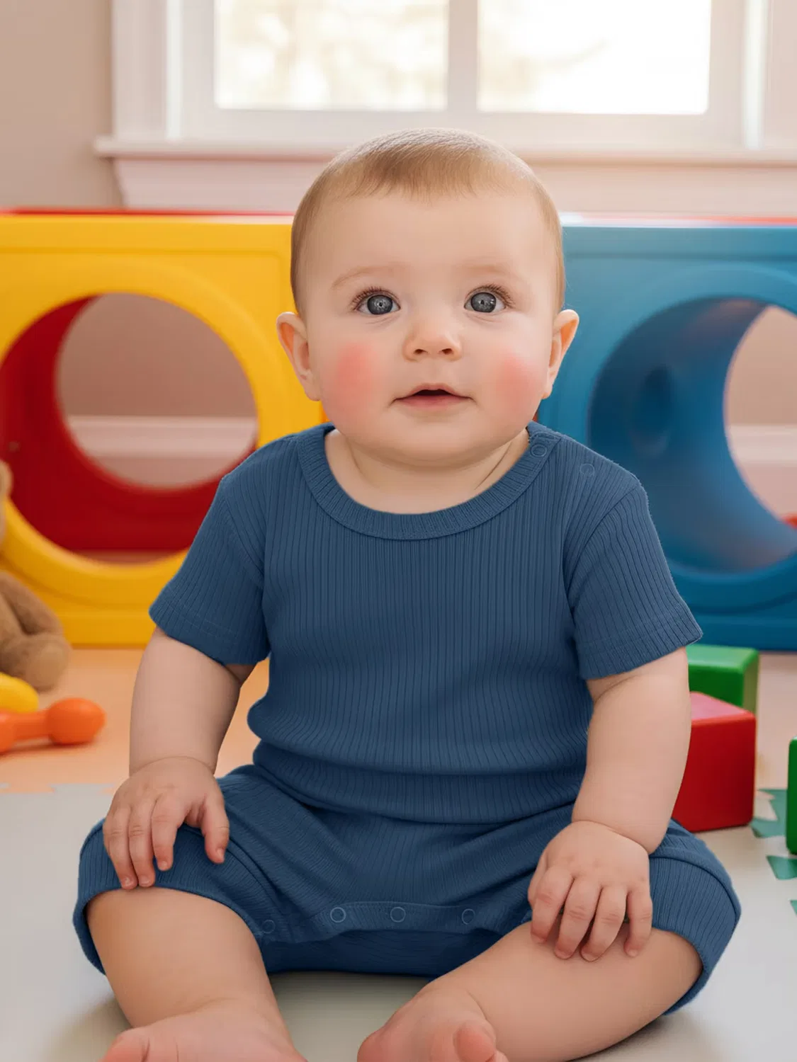 Боди-комбинезон с коротким рукавом из рубчатого хлопка Babies Basic, синий — фото 2