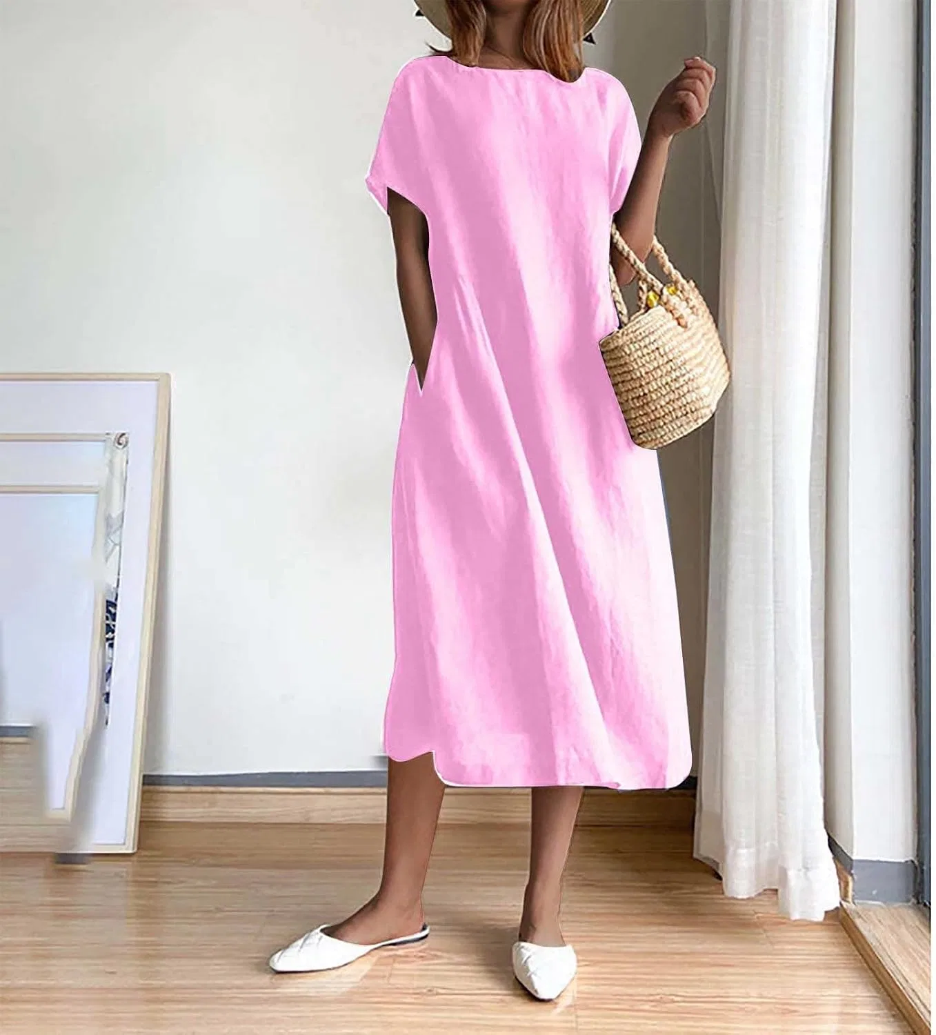 Женское платье свободного кроя из хлопка и льна, Pink — фото 2