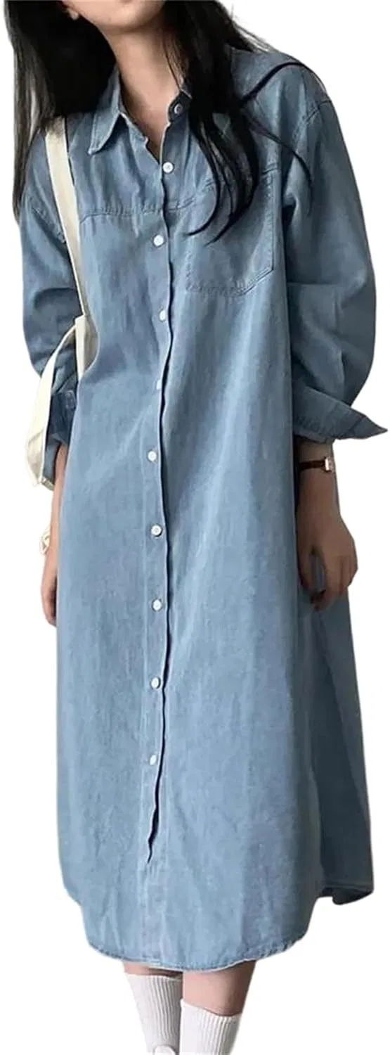 Женское джинсовое платье миди свободного кроя с отложным воротником, Light Blue