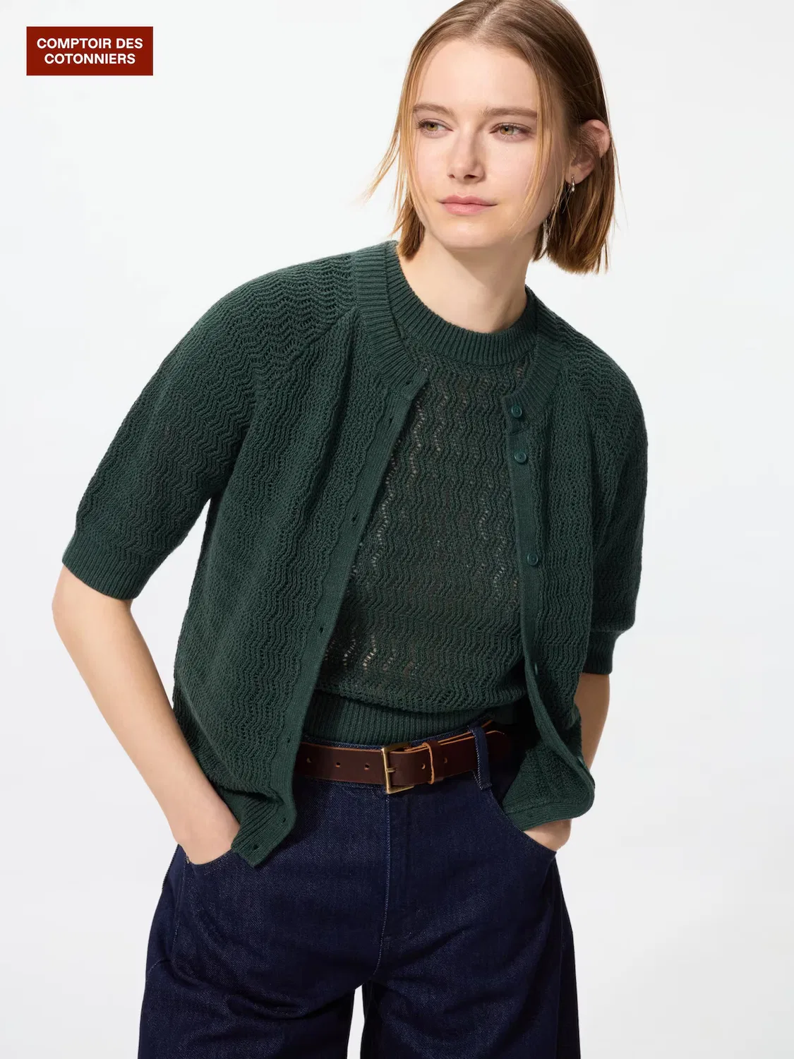 Кардиган Uniqlo Льняной с круглым вырезом и рукавами 5/8, темно-зеленый
