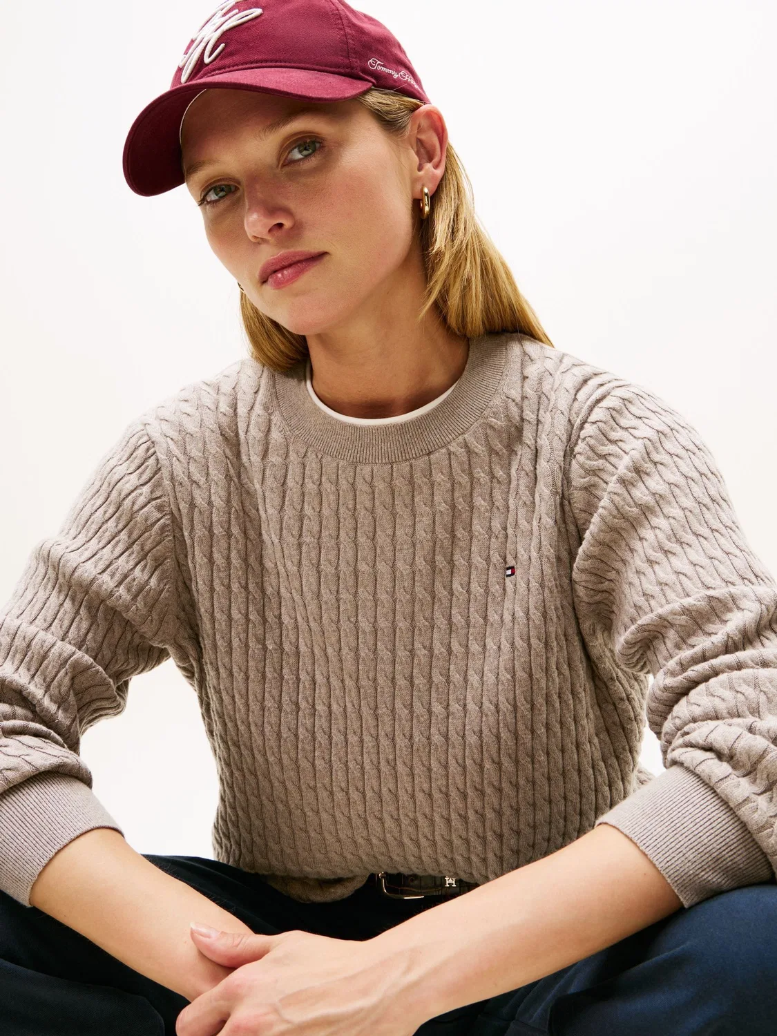 Джемпер с кабельным узором, модель Fine Cable Knit Tommy Hilfiger, натуральный — фото 3