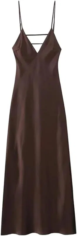 Женское шелковое миди-платье с V-образным вырезом, Dark Brown