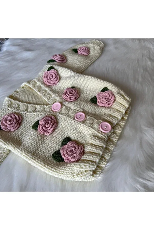Детский кардиган для девочек с принтом Rose crop Children's Cardigan Hand Knitted Baby Cardigan Baby Gift Alize Home, Цвет Ecru
