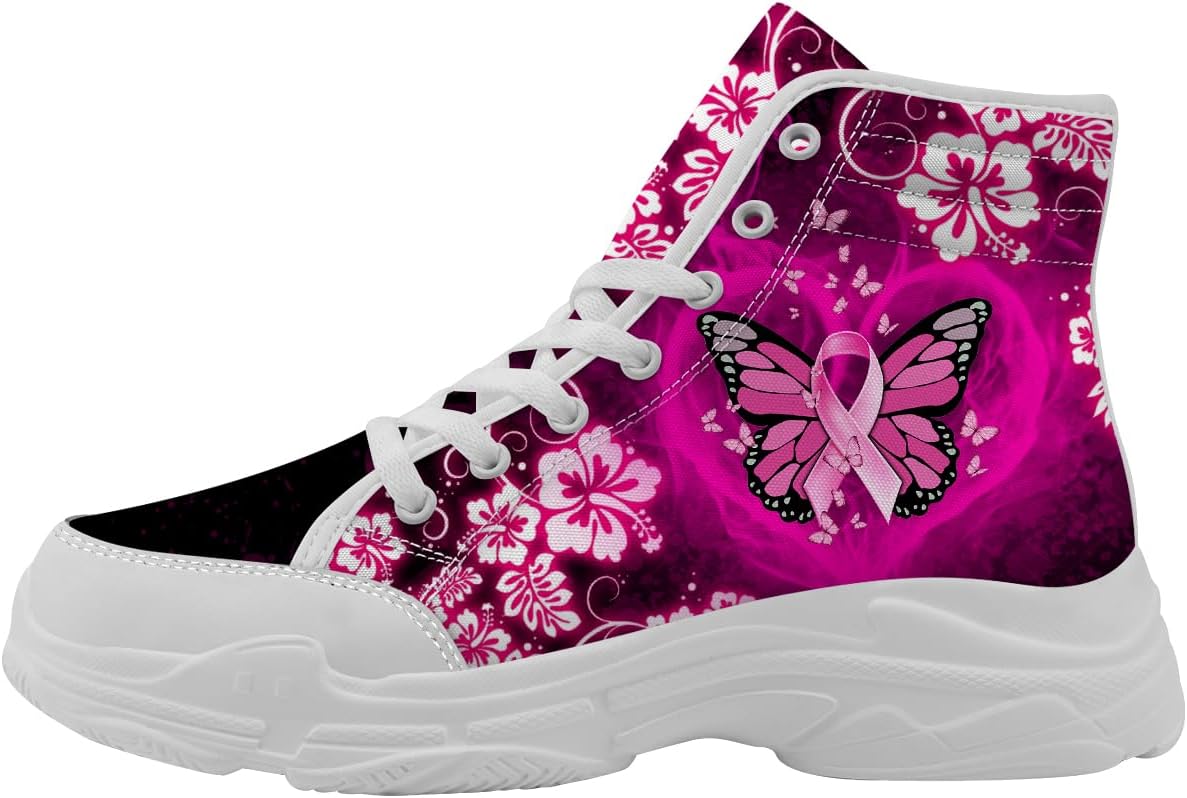 

Кроссовки Quorax для женщин с осведомленностью о раке груди, высокие на шнуровке, из хлопка, подарок для нее и для него, 3102 Breast Cancer Butterfly