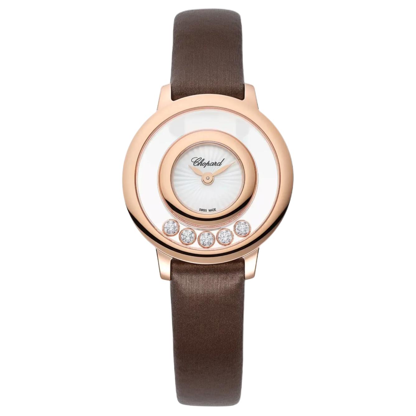 

Часы женские Chopard Happy Diamonds с кварцевым механизмом, белый циферблат 25 мм, корпус из розового золота 18 карат, ремешок из натуральной кожи