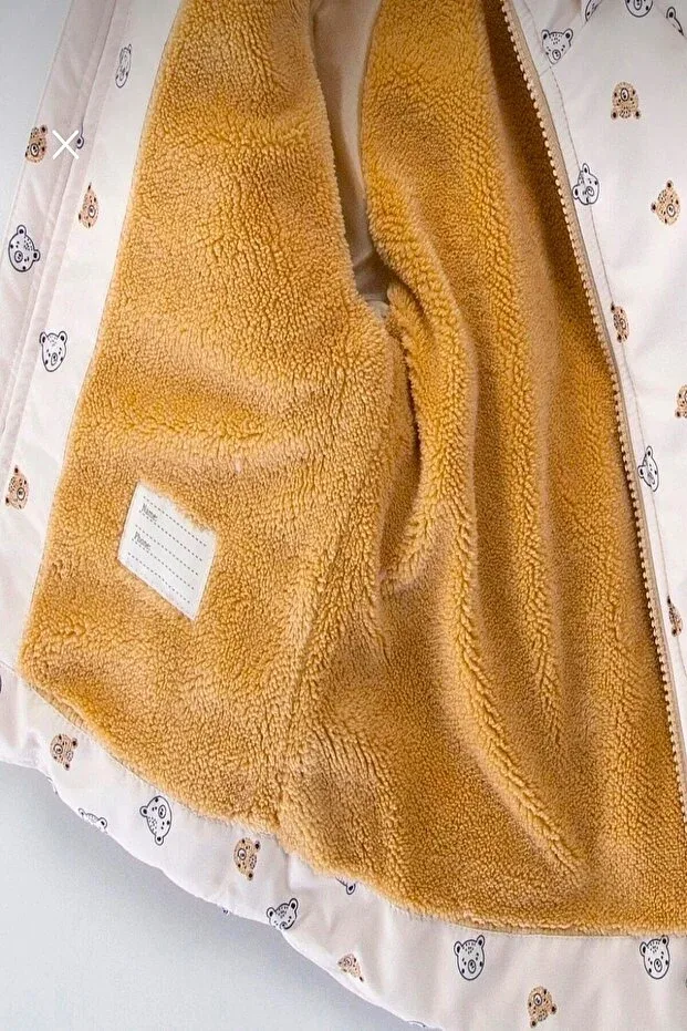 Детское зимнее пальто для девочек с принтом Cute bear printed plush fur inside zippered pocket hooded baby-child winter coat-jacket Dekubaby, Beige — фото 3