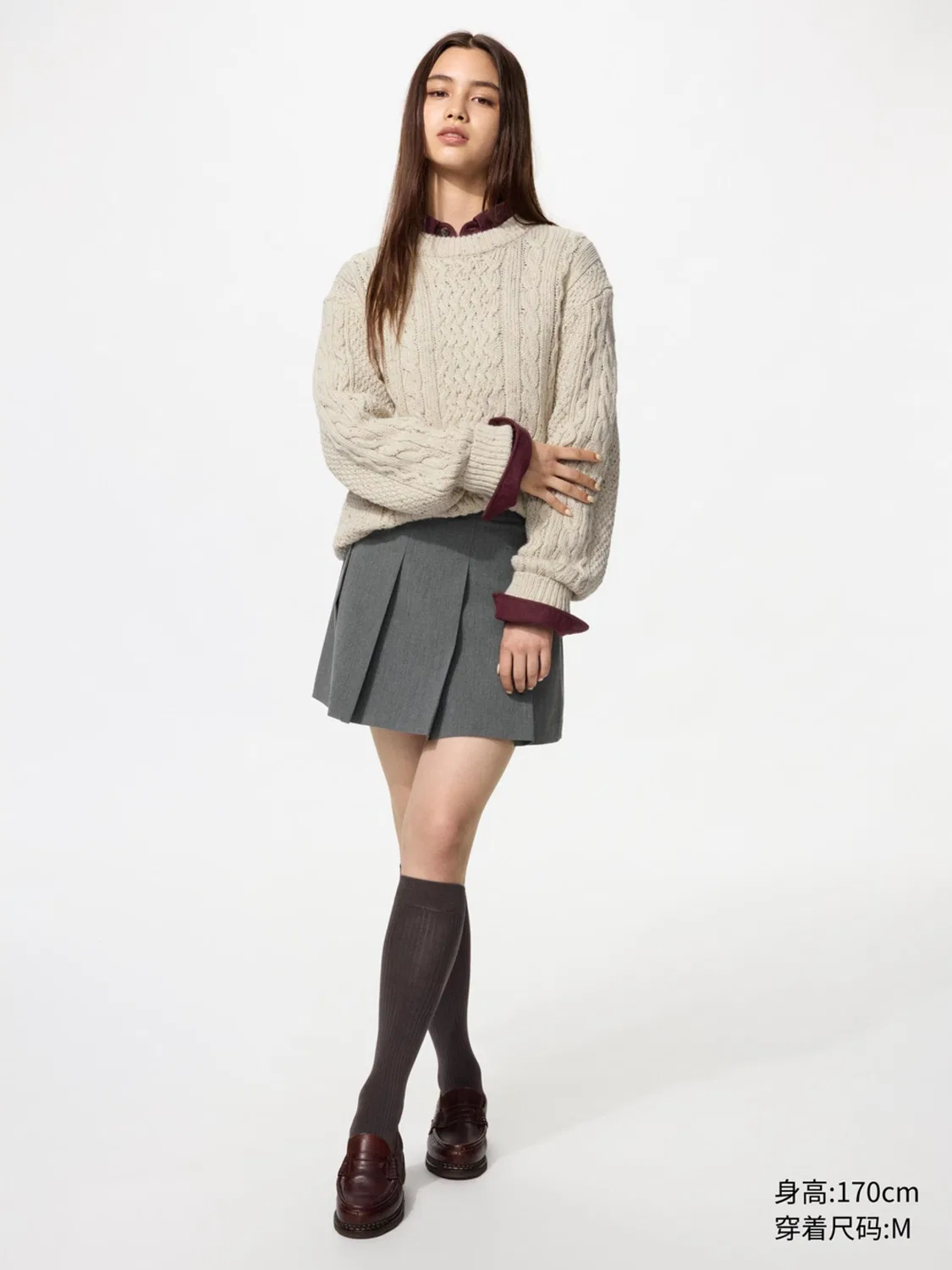 Свитер крупной вязки с косами и круглым вырезом, длинным рукавом Uniqlo, темно-синий — фото 4