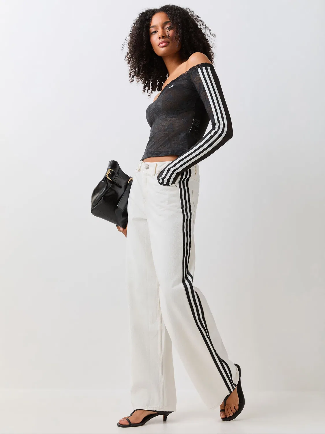 Топ с кружевом, длинный рукав, модель Lace Bardot, adidas Originals, черный — фото 2