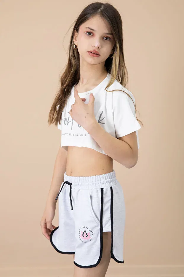 Детские шорты для девочек с принтом Gray Side Slit Flower Cansın Mini, Gray
