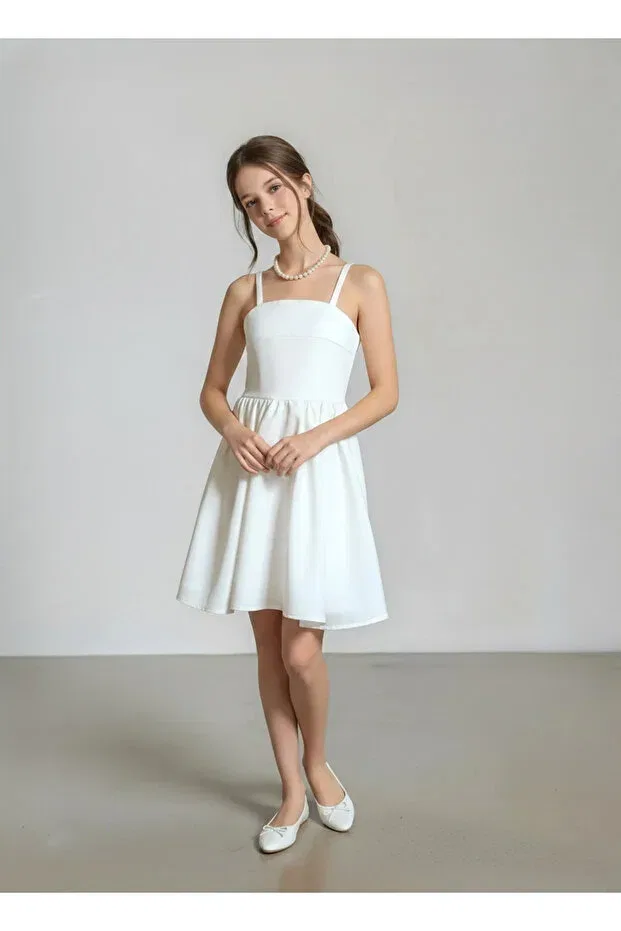 Детское платье для девочек без рукавов Premium crepe fabric girls' strap dress Thejojodesign, White — фото 2