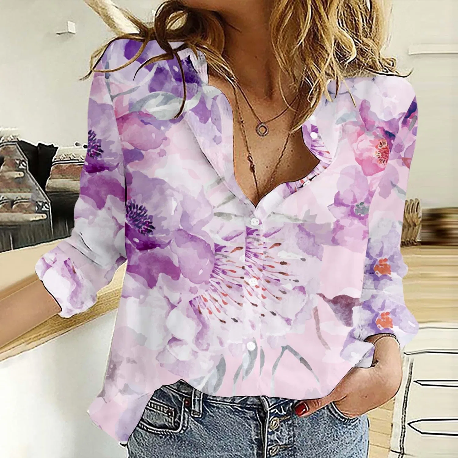 Женская блуза из хлопка и льна с принтом, модель Cotton Linen Shirt, W Purple — фото 2