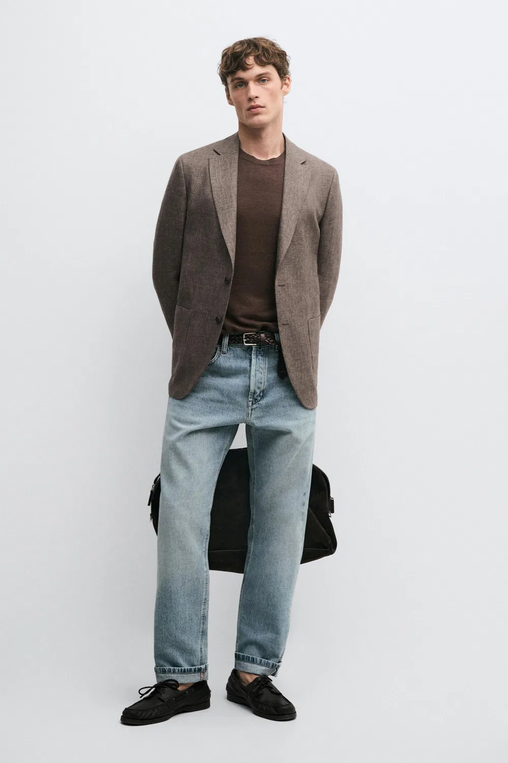Приталенный меланжевый блейзер из 100% льна Massimo Dutti, бежевый меланж