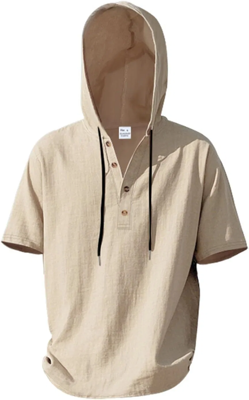 Мужская льняная худи с капюшоном на пуговицах, Khaki — фото 4