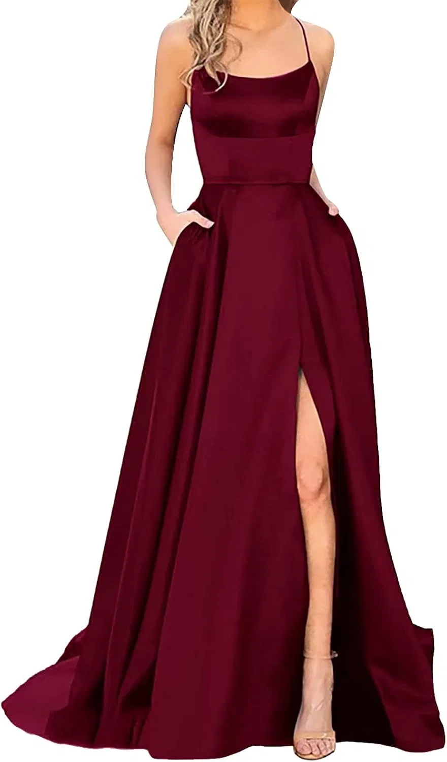 Женское длинное атласное платье на бретелях, Red
