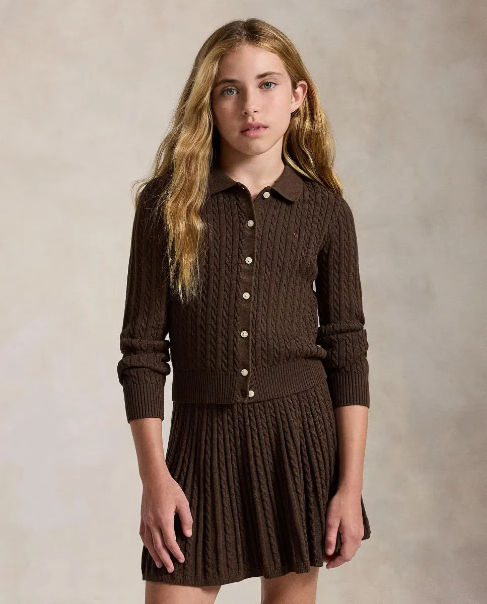 Детский комплект одежды: кардиган-поло и хлопковая юбка - Polo Ralph Lauren - темно-коричневый