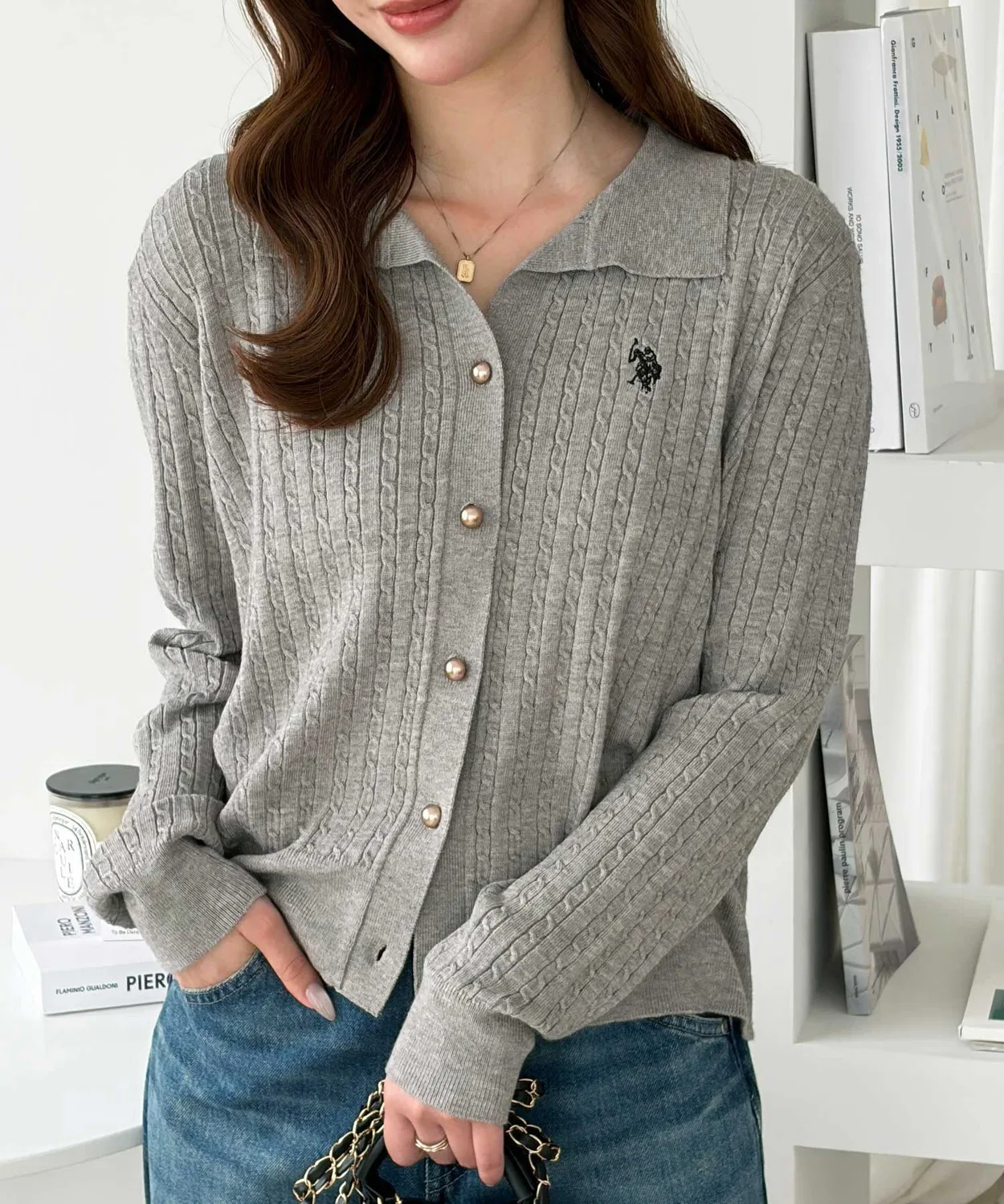 Женский кардиган с воротником-поло и пуговицами U.S. POLO ASSN., Heather Grey