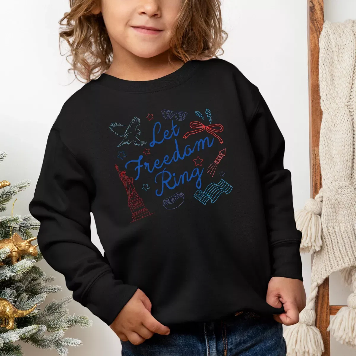 Детский свитшот для девочек с принтом Let Freedom Ring Icons The Juniper Shop, Black — фото 3