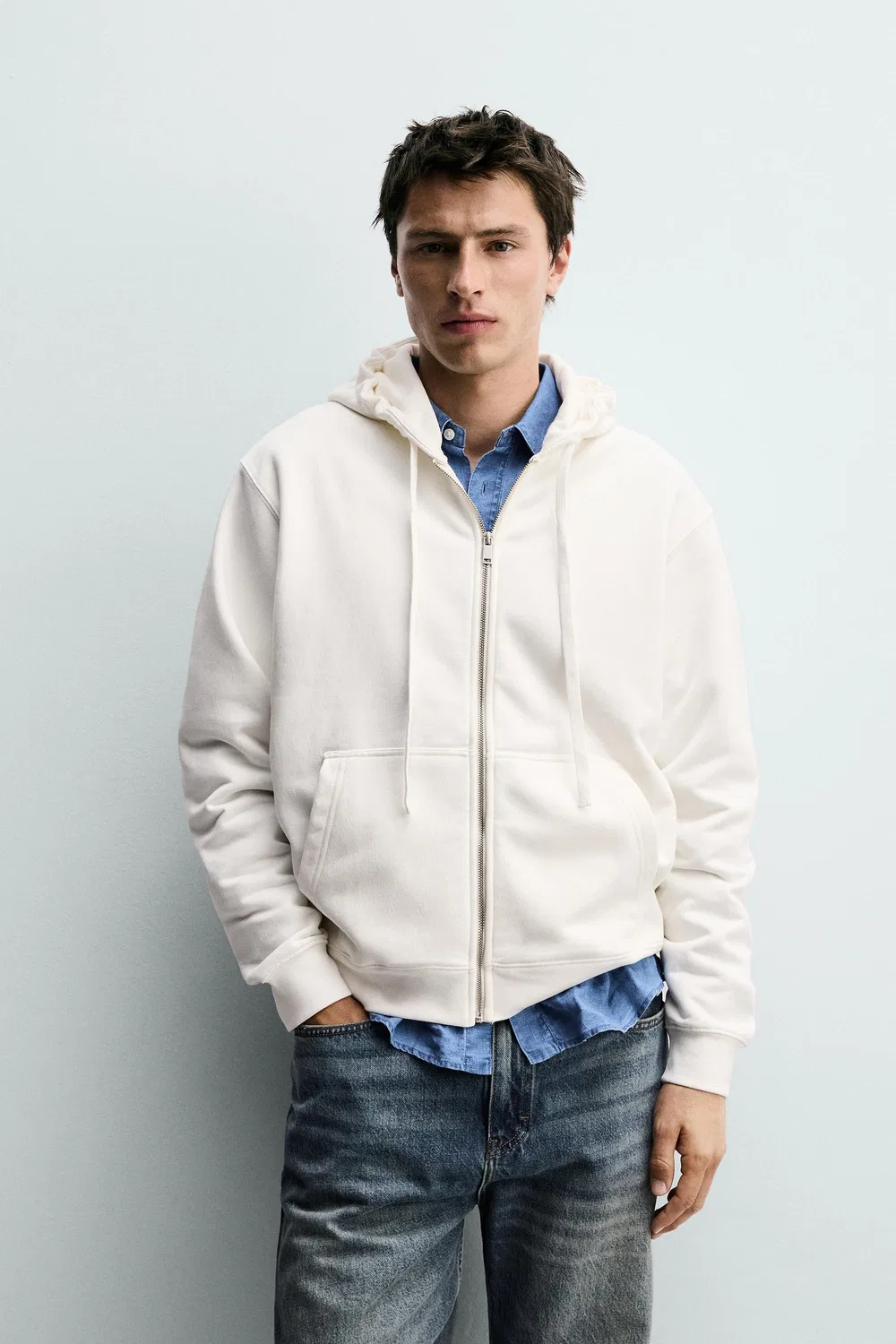 Толстовка свободного кроя на молнии ZARA, Oyster-white — фото 2