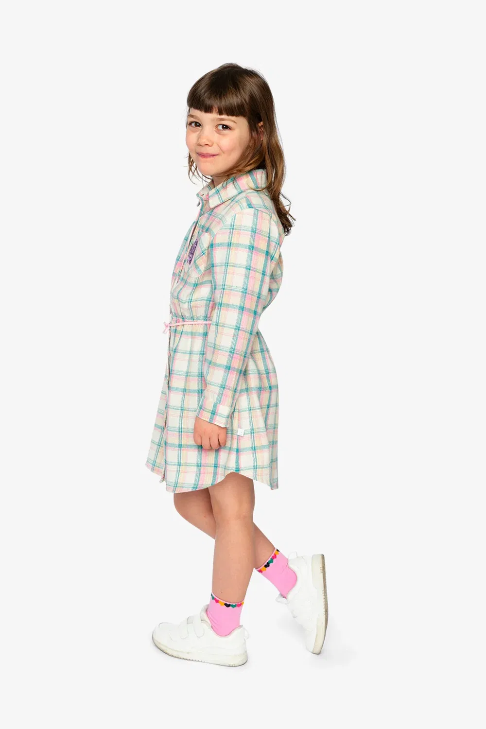 Детское платье-рубашка с поясом в клетку Ivy Kids Deux par Deux, Plaid Green and Pink — фото 4