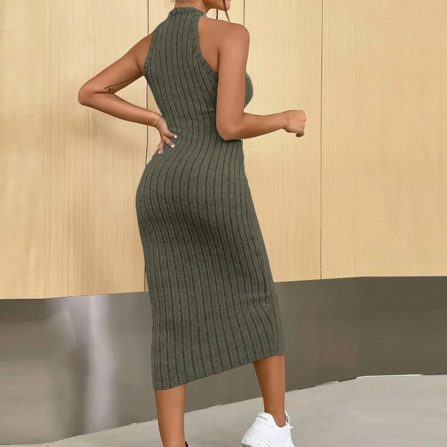 Женское вязаное платье-халтер с глубоким декольте Bodycon, Green — фото 3
