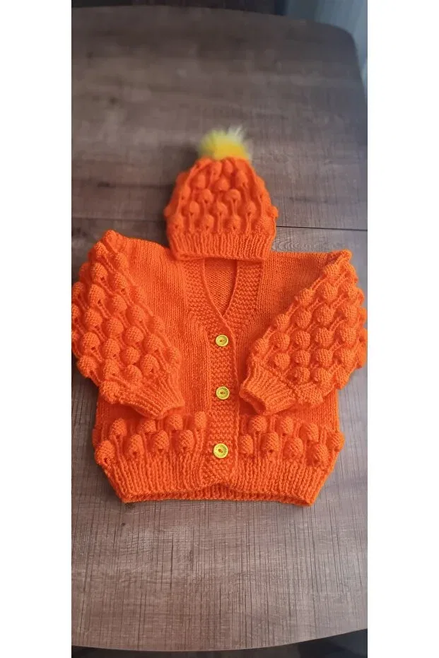 Детский кардиган ручной вязки с капюшоном El Örgüsü Cici Bebe, Orange — фото 4