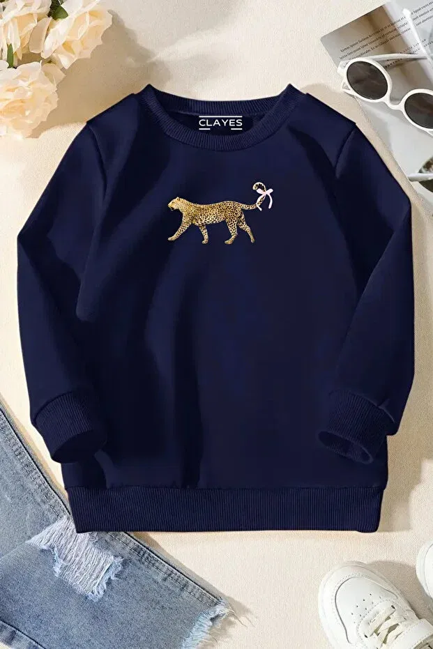 Детские свитшот для мальчиков с принтом Unisex navy blue kids crew neck sweatshirt - leopard, printed thick fabric Sweetline, White