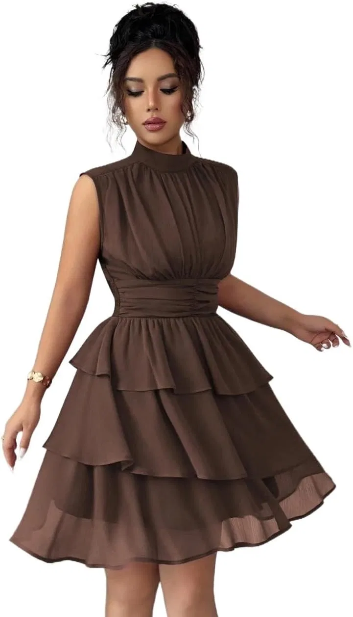 Женское летнее платье с рюшами Chiffon Collar, Coffee Brown