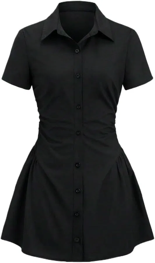 Женское короткое платье-рубашка с воротником, Black
