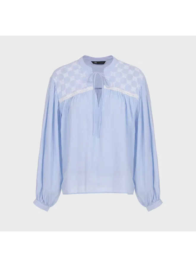 Блузка с завязкой на шее и длинным рукавом Zara, синяя — фото 2