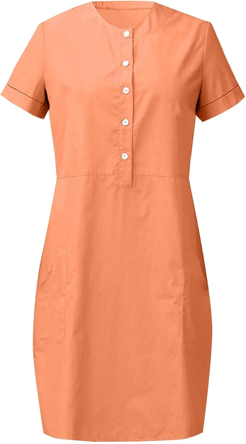 Женское мини-платье с коротким рукавом и карманами, Orange-1 — фото 4