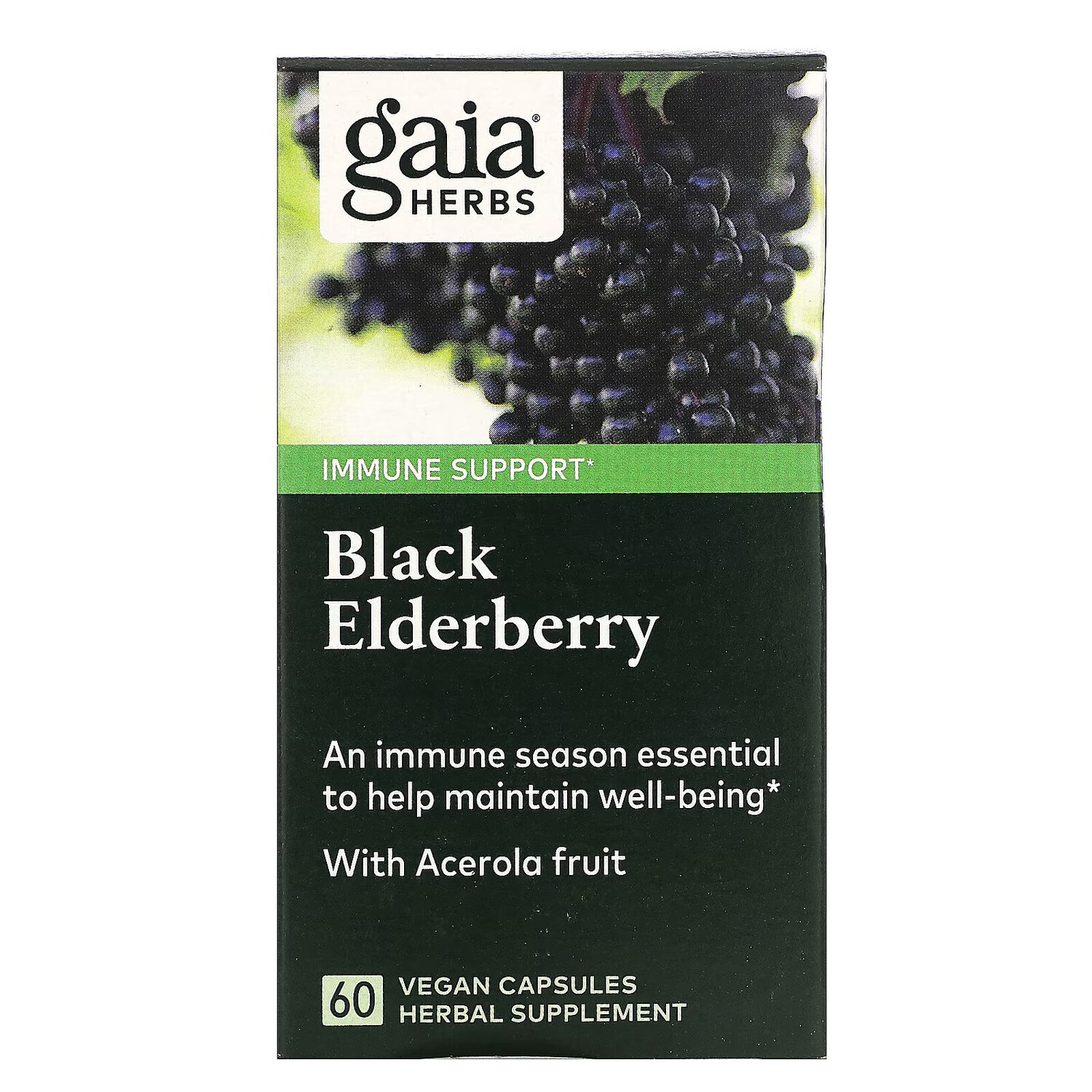 

Gaia Herbs, черная бузина с фруктами ацеролы, 60 веганских капсул