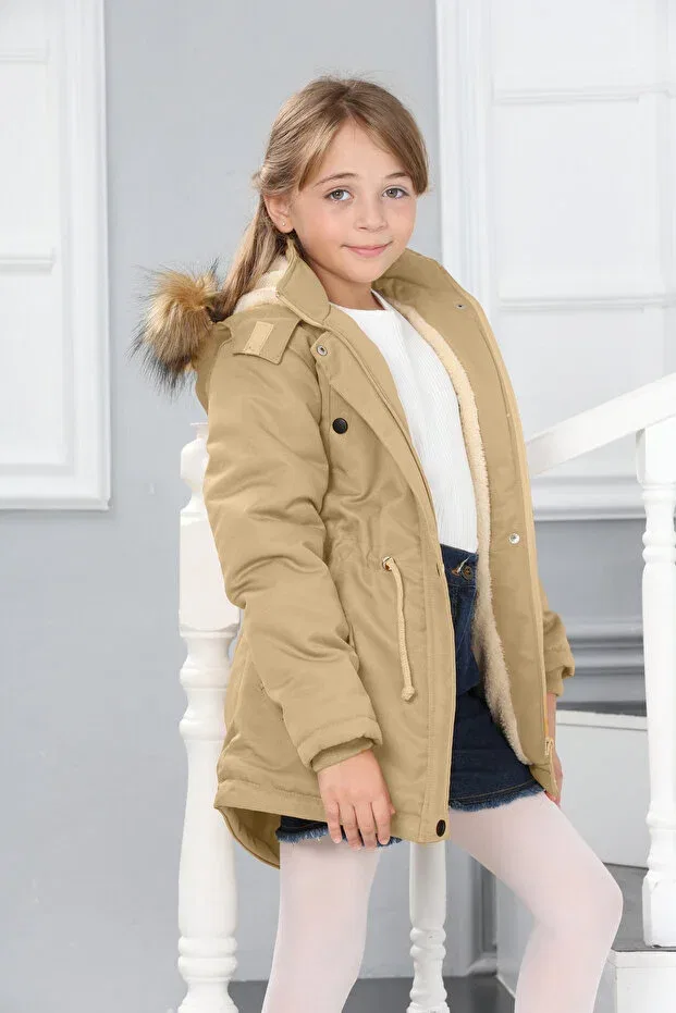Детское пальто для девочек утепленное с капюшоном Asortik Kids, Beige — фото 4