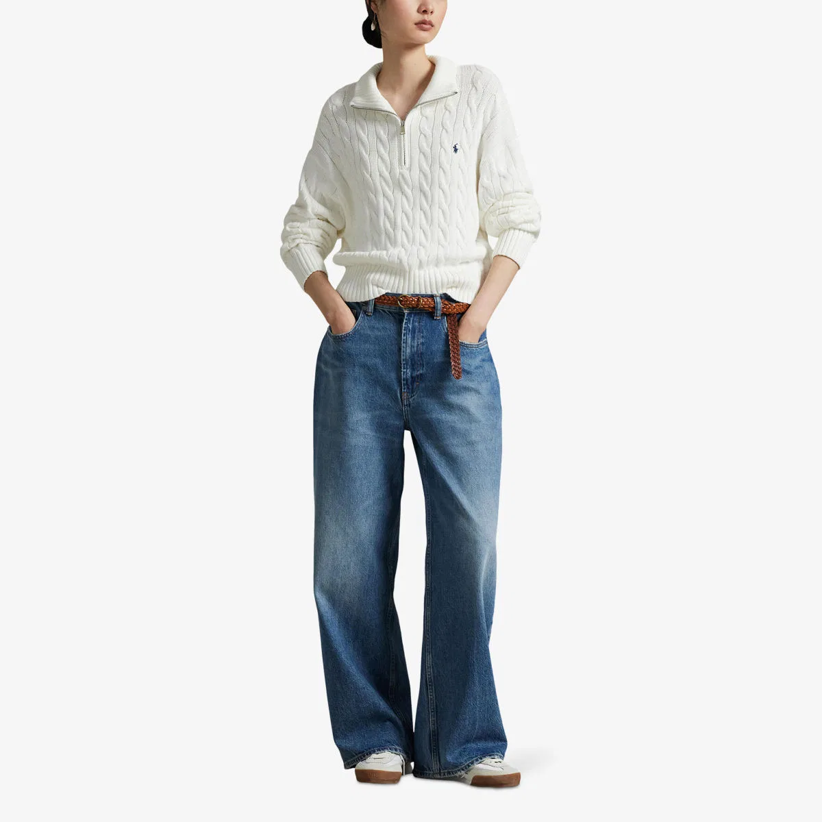 Хлопковый джемпер с воротником-стойкой и косами Polo Ralph Lauren, белый — фото 2