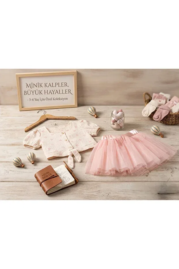 Детский комплект для девочек с принтом Girl's Heart Patterned Muslin Crop Blouse And Pink Tutu Skirt Set Canöz, Pink