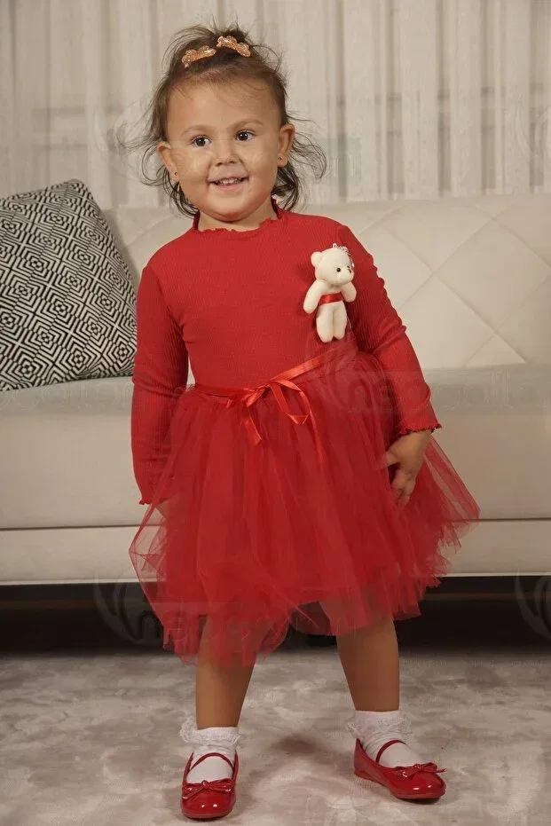 Детское платье для девочек с длинным рукавом Toy Teddy Bear Print Neocotton, Red — фото 3