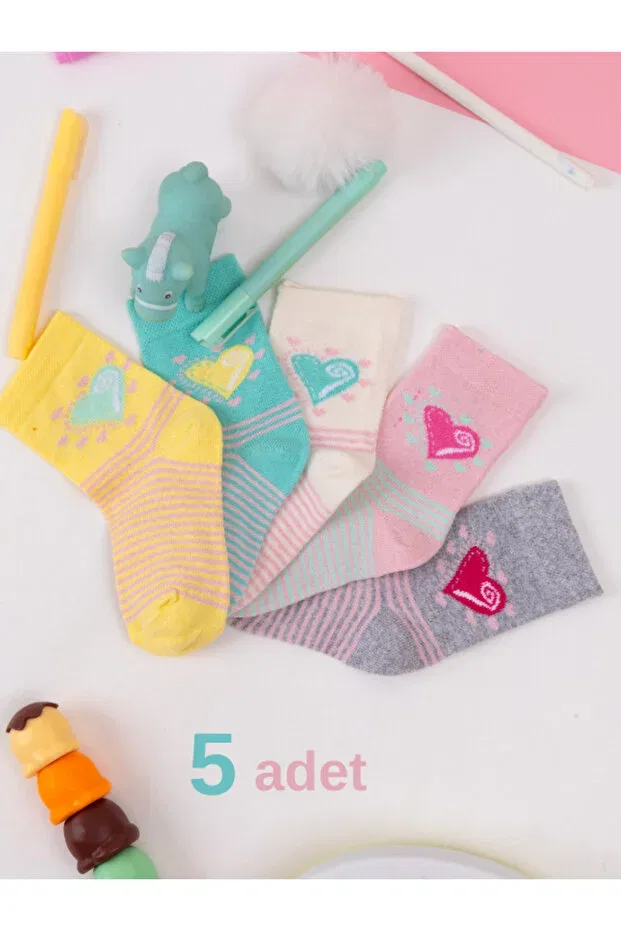 Детские носки с принтом 5 пар 5'Pair baby & kids socks heart patterned four seasons school socks Hobins Sportswear & Company, Multicolor