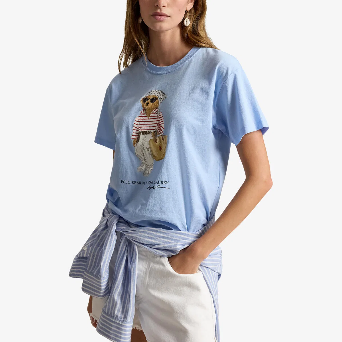 Хлопковая футболка с коротким рукавом и принтом медведя Polo Ralph Lauren, светло-голубой — фото 2
