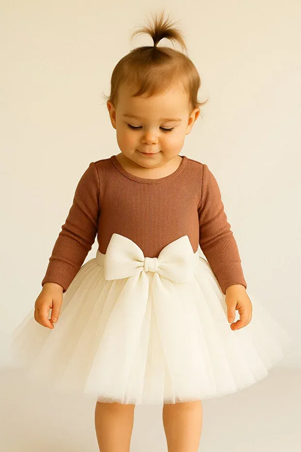 Детская юбка из фатина с бантом Baby girl lined fluffy tutu skirt with buckle on the front and elastic waist Nsmlife, Ecru