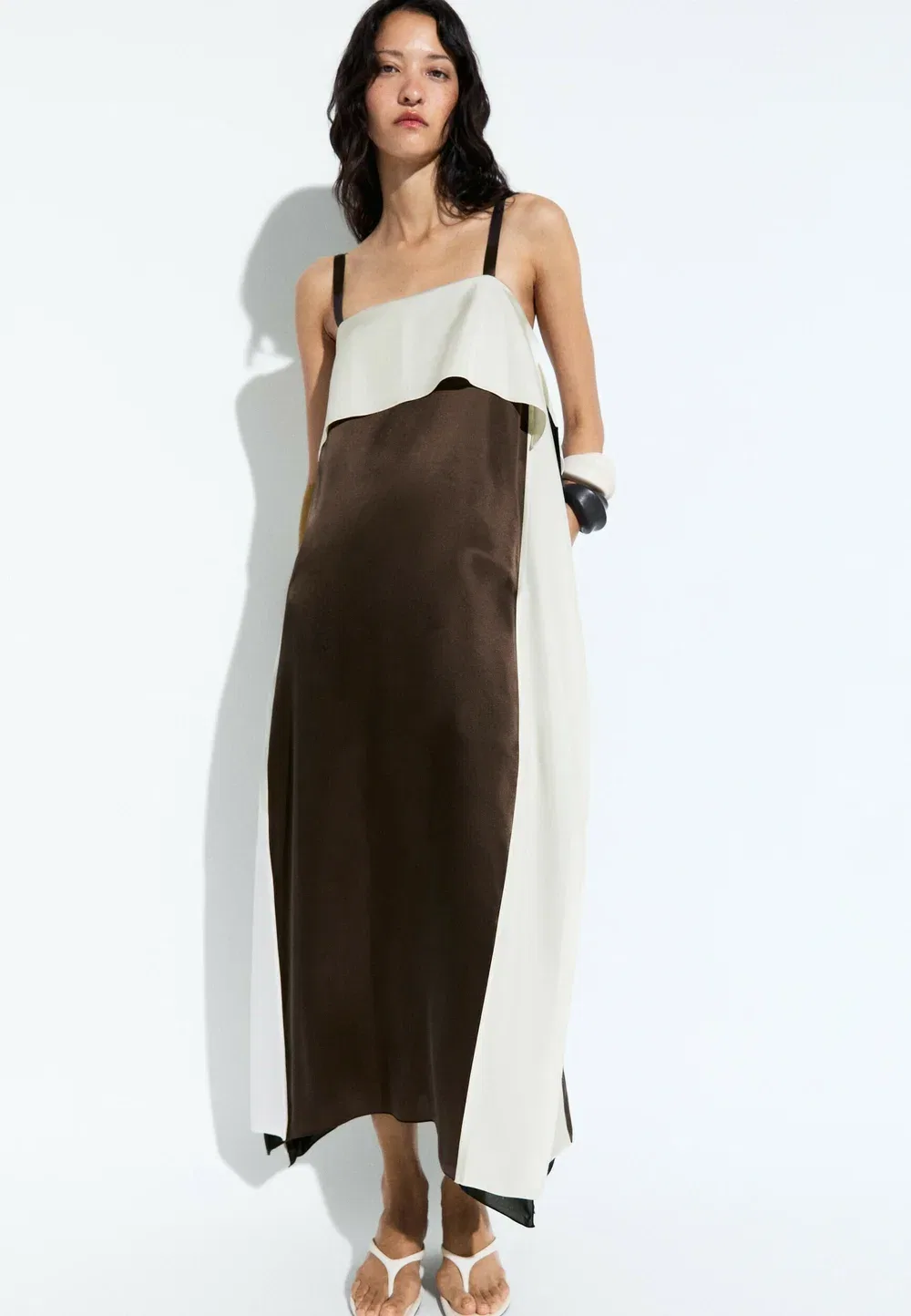 Струящееся платье миди с цветовыми блоками - платье макси Massimo Dutti, Dark Brown