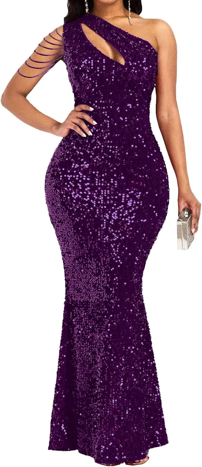 Женское вечернее платье с пайетками One Shoulder Mermaid, фиолетовый