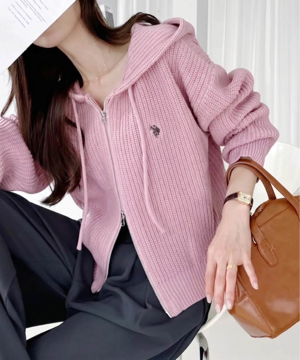 Женский укороченный двойной замок-молния нитяной худи U.S. POLO ASSN., Pink