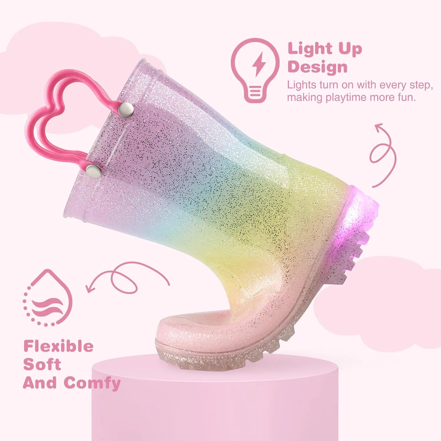 Детские резиновые сапоги для девочек со светящейся подошвой HISEA, Glitter Rainbow — фото 3