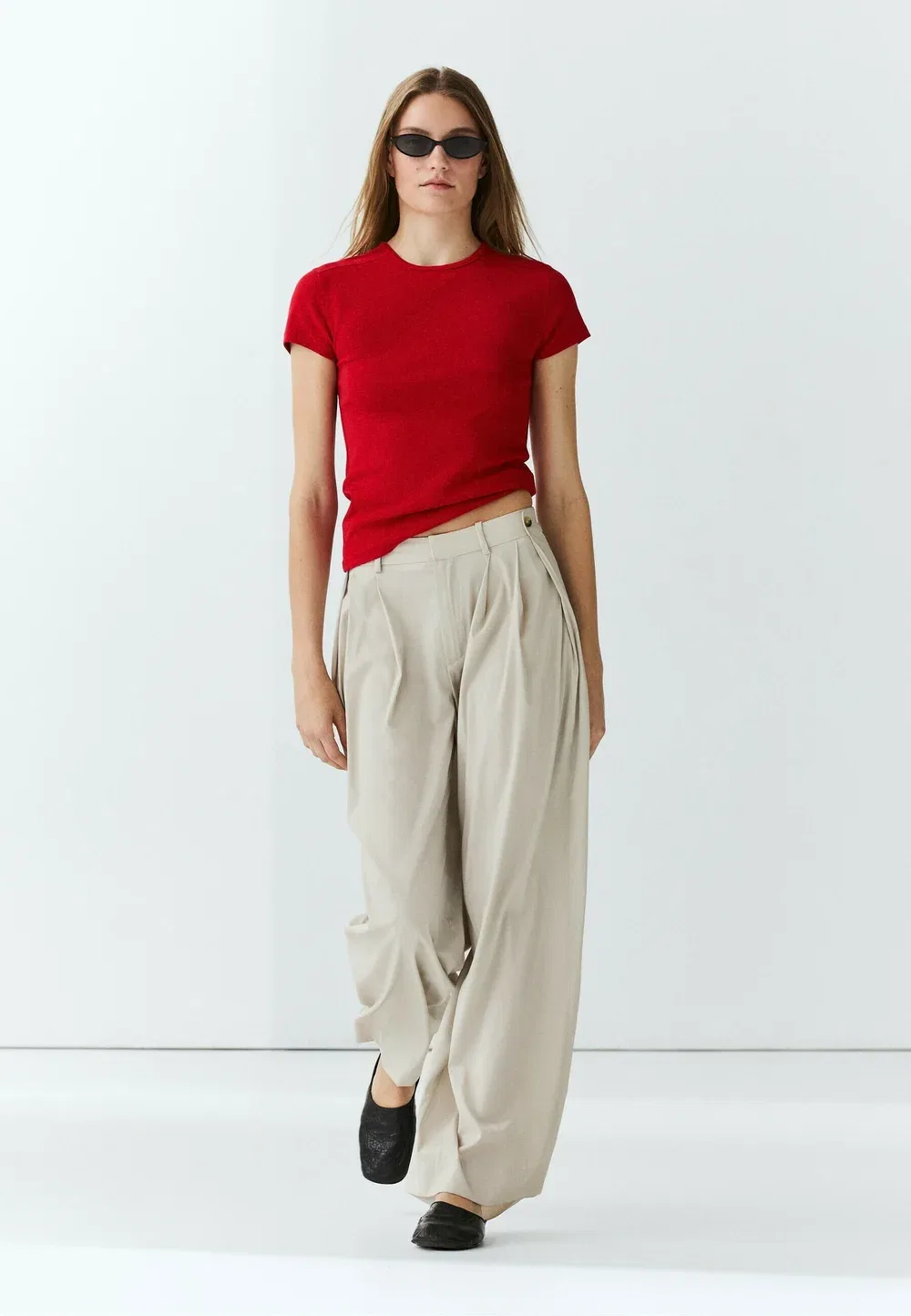 Футболка с коротким рукавом из смесовой хлопковой ткани - базовая футболка Massimo Dutti, Red — фото 2