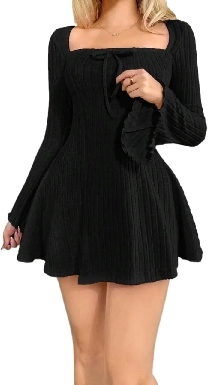 Женское платье А-силуэта с квадратным вырезом Knitted, Black