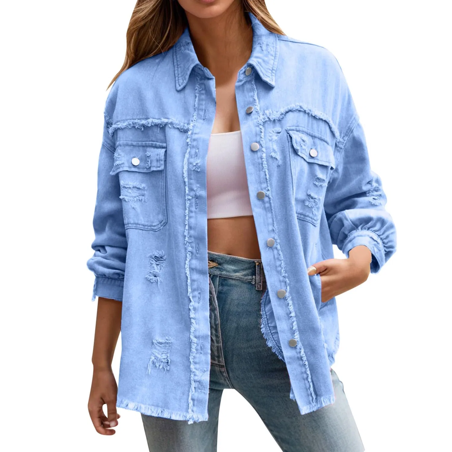 Женская джинсовая куртка оверсайз с потертостями Boyfriend Bed Jacket, Cielo Blu