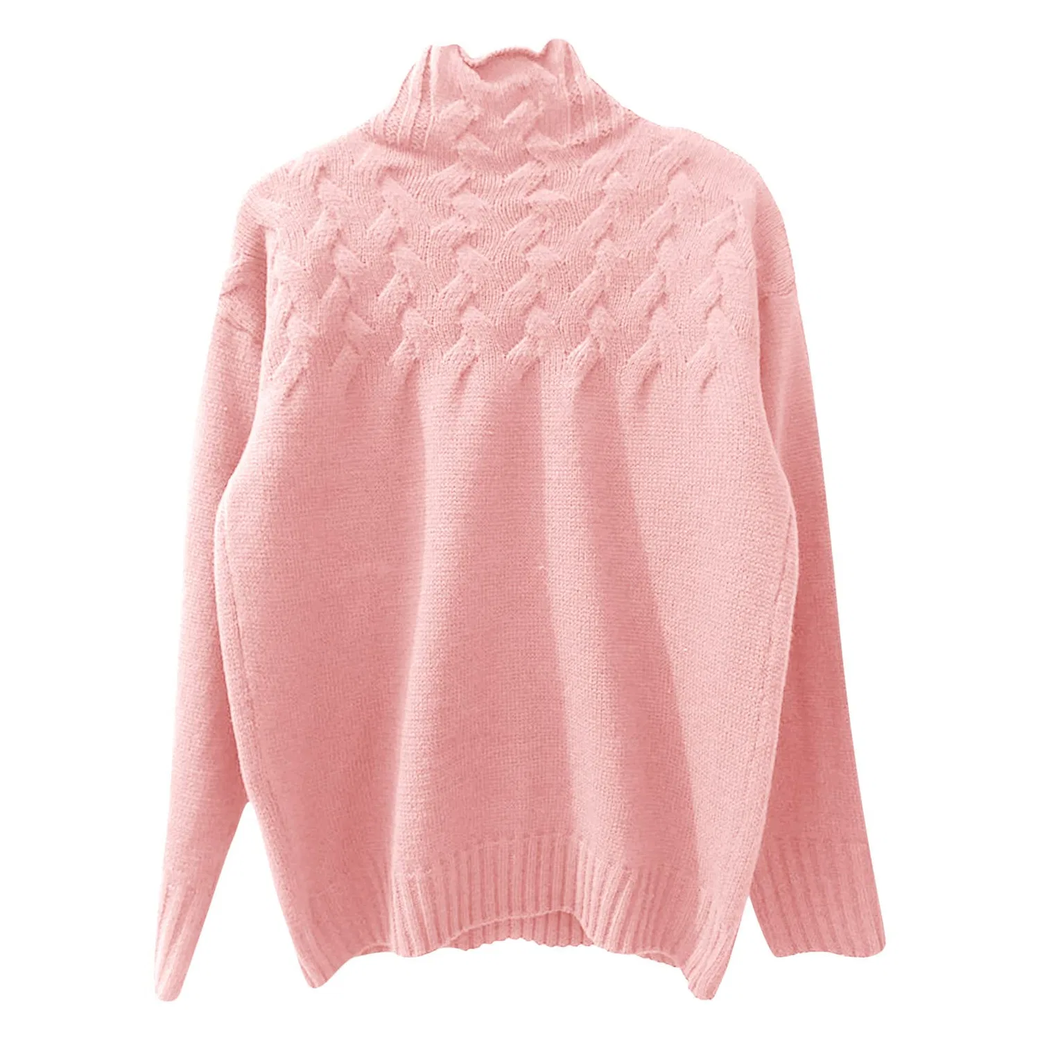 Женский свитер с высоким воротом и косами, с длинным рукавом, Pink — фото 4
