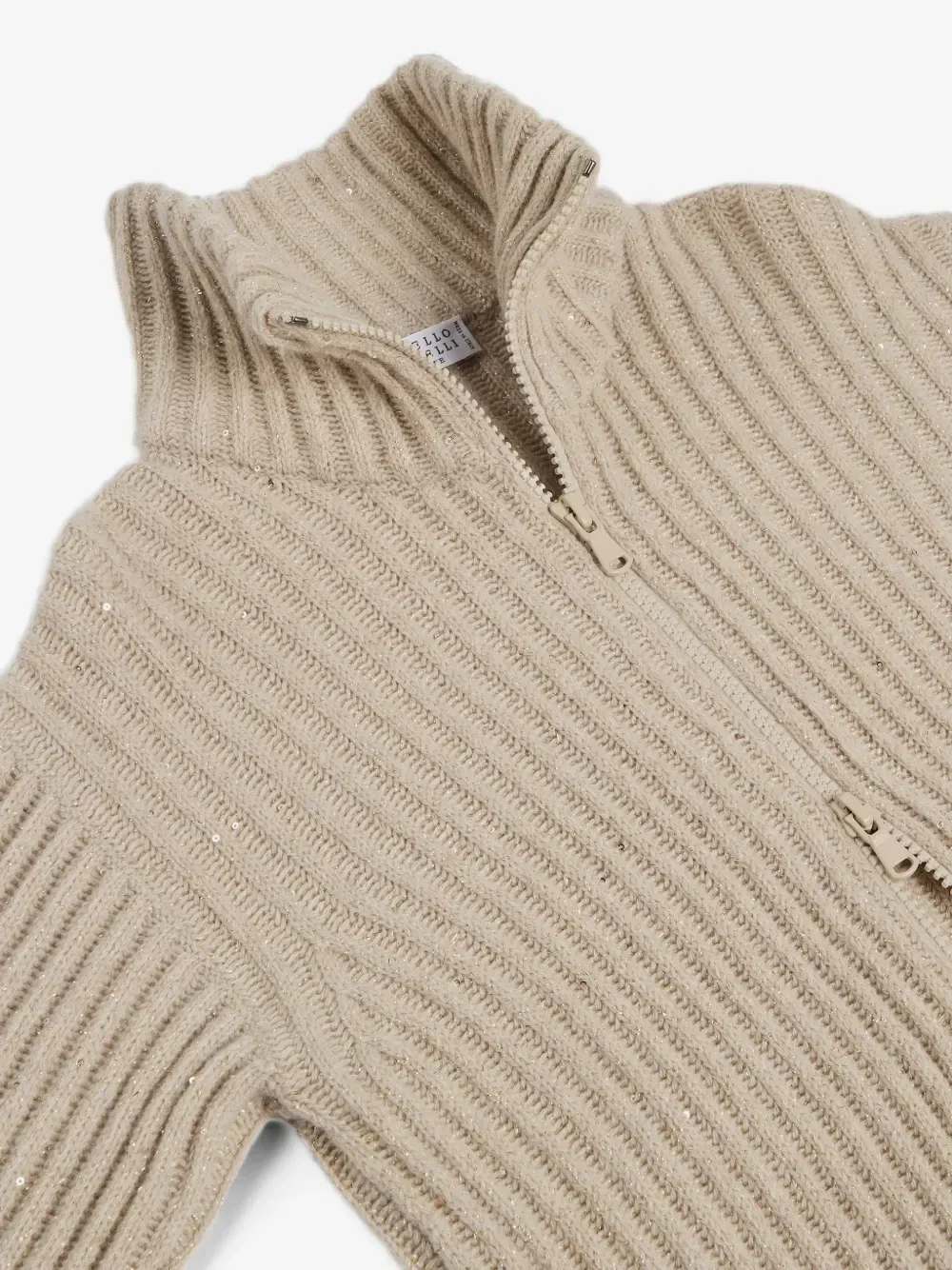 Кардиган в рубчик с пайетками Brunello Cucinelli Kids, бежевый — фото 3