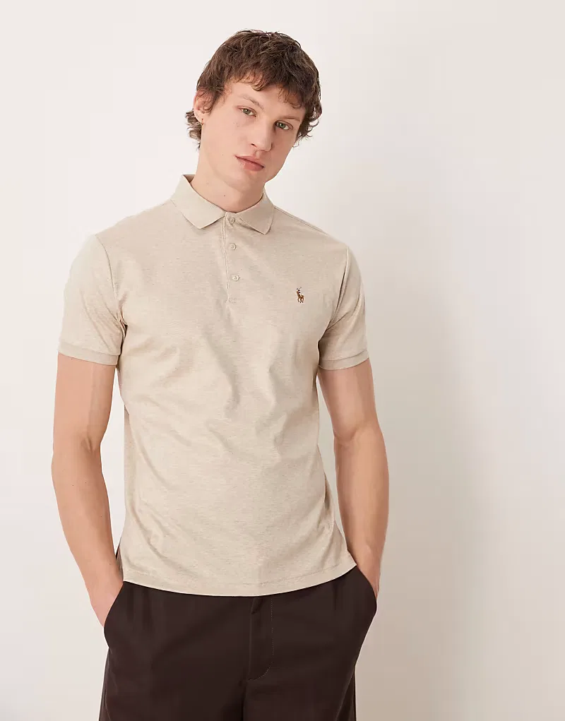 Поло из хлопка пима с логотипом Icon, облегающий крой Polo Ralph Lauren, Tan