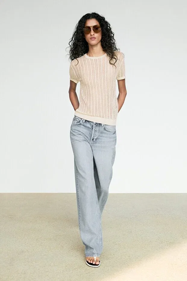 Женский топ с коротким рукавом ажурный Massimo Dutti, Natural